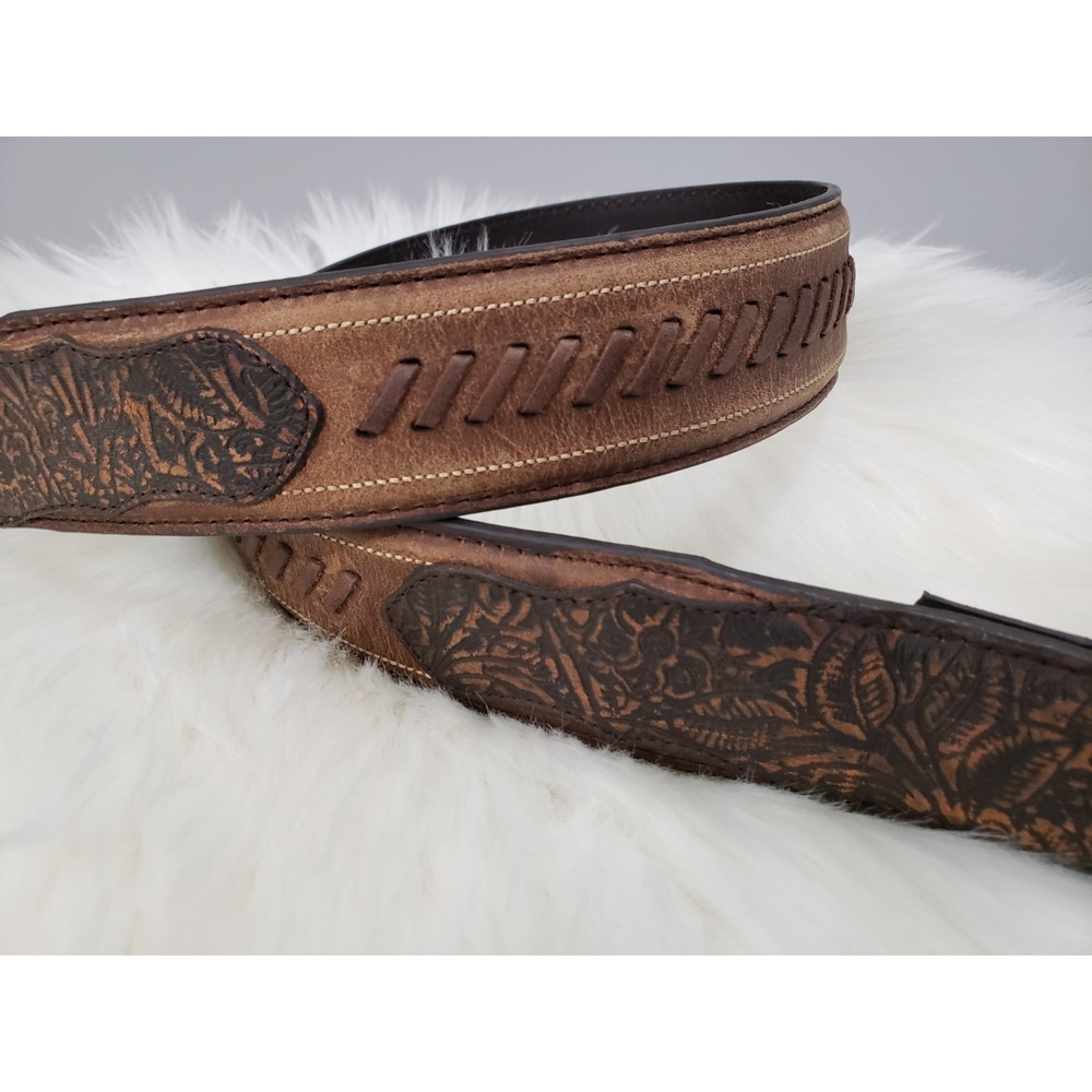 RANK‎ 45 Men's Brooks Tooled Leather Belt Brown Size 34 Western Woven Textured